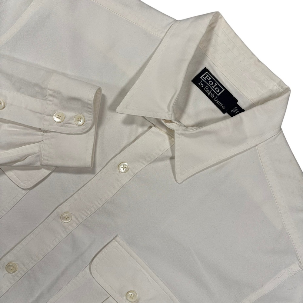 Polo Ralph Lauren Royal Oxford Crest Shirt Mens L White Pleated Pockets Vintage